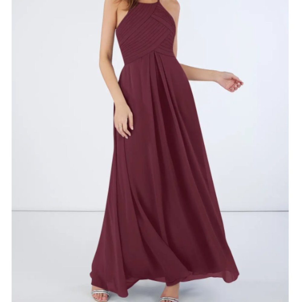 azazie burgundy prom dress, high neck long formal dress, size 8